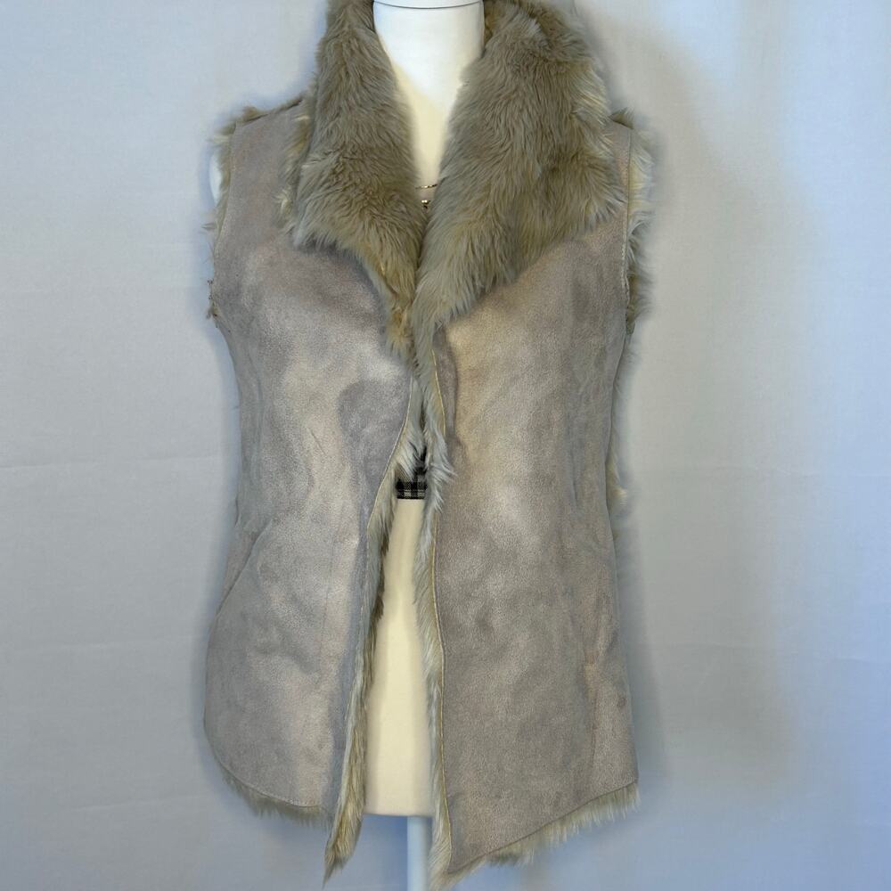 LOFT Faux Fur Vest Suede Look Front Beige Open Front Sleeveless Size Small